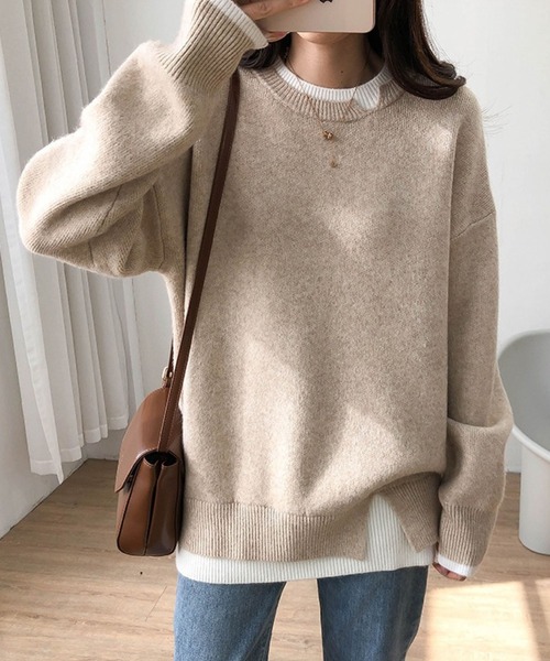 meJane（ミージェーン）の「レイヤード風モヘアライクニットプルオーバー（ニット/セーター・レディース・ブラック/グレー/ピンク/ダークベージュ・FREE）」の5枚目の写真