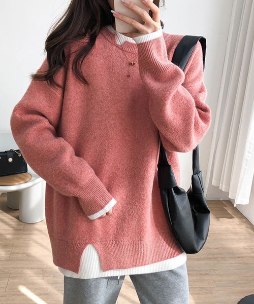 meJane（ミージェーン）の「レイヤード風モヘアライクニットプルオーバー（ニット/セーター・レディース・ブラック/グレー/ピンク/ダークベージュ・FREE）」の11枚目の写真