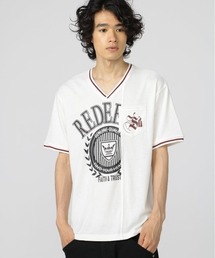 セマンティックデザイン 切替カレッジ Vネック半袖ルーズTシャツ