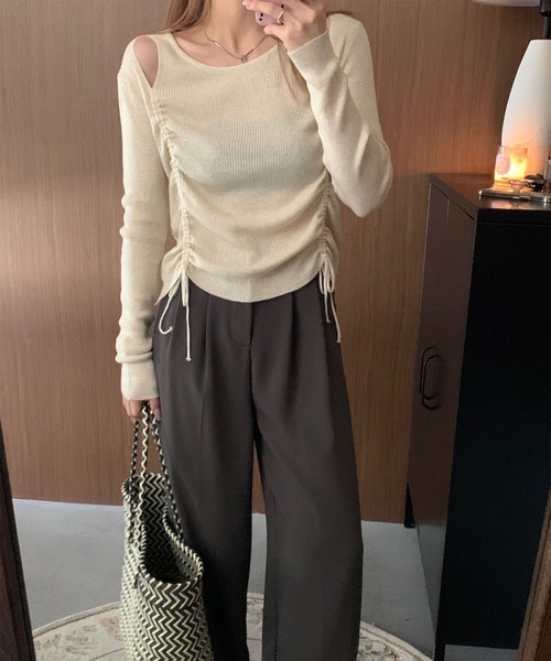 セール】カットアウトシャーリングリボンリブニットトップス（ニット