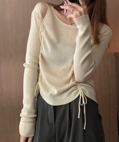 セール】カットアウトシャーリングリボンリブニットトップス（ニット