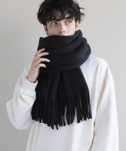 RAGEBLUE（レイジブルー）の「ラッセル編み/ボリュームフリンジマフラー（マフラー・メンズ・ブラック/ベージュ/グレー/オフホワイト/オレンジ/ブルー/グリーン/レッド/ブラウン/ライトブルー/イエロー・ONE SIZE/FREE）」の18枚目の写真