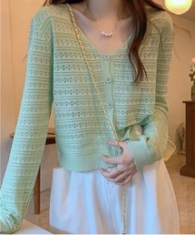 【OKUOKU 0909】ショート 透かし編み カーディガン oku-tops-682209271780-1733