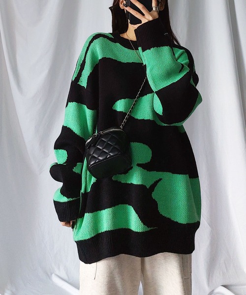 me+em select(ミームセレクト)の「ビッグシルエットバイカラーゼブラニット / bicolor zebra pattern knit(ニット/セーター・レディース・グリーン/ピンク/オレンジ・FREE)」の15枚目の写真