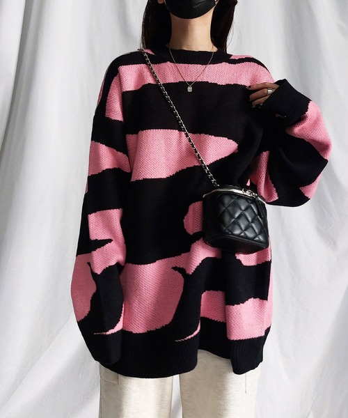 me+em select(ミームセレクト)の「ビッグシルエットバイカラーゼブラニット / bicolor zebra pattern knit(ニット/セーター・レディース・グリーン/ピンク/オレンジ・FREE)」の14枚目の写真