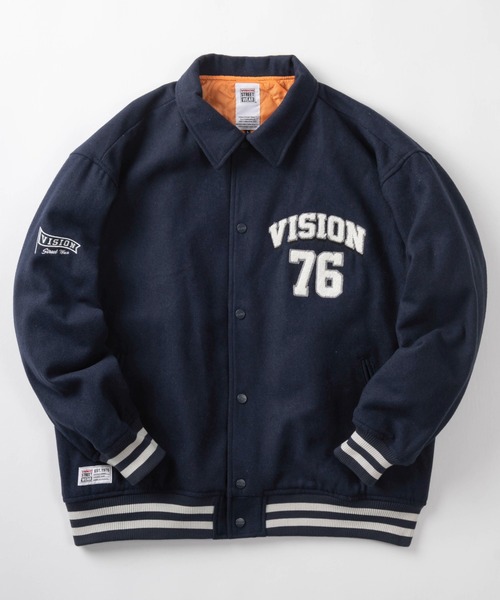 VISION STREET WEAR（ヴィジョンストリートウェア）の「【VISION STREET  WEAR/ヴィジョンストリートウェア】アーチロゴ サガラ ワッペン バック刺繍 リブライン メルトンスタジアムジャケット/ コーチジャケット/ビッグシルエット（ブルゾン・メンズ・ブラック/ネイビー/グリーン・XL/M/L）」の5枚目の写真