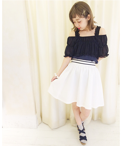 one after another NICE CLAUP（ワンアフターアナザーナイスクラップ）の「【ナイスクラップ】シャーリング切替Tシャツ（Tシャツ/カットソー・レディース・その他12/ネイビー/ホワイト・FREE）」の7枚目の写真