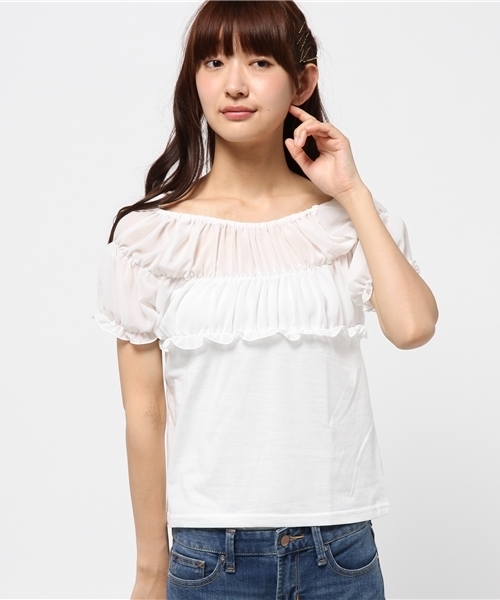 one after another NICE CLAUP（ワンアフターアナザーナイスクラップ）の「【ナイスクラップ】シャーリング切替Tシャツ（Tシャツ/カットソー・レディース・その他12/ネイビー/ホワイト・FREE）」の2枚目の写真