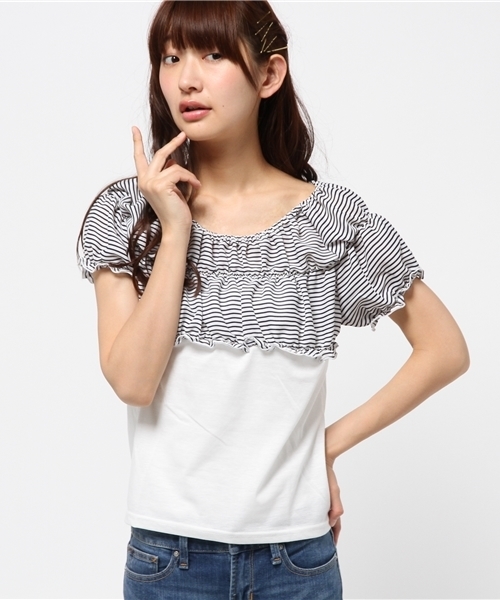 one after another NICE CLAUP（ワンアフターアナザーナイスクラップ）の「【ナイスクラップ】シャーリング切替Tシャツ（Tシャツ/カットソー・レディース・その他12/ネイビー/ホワイト・FREE）」の3枚目の写真