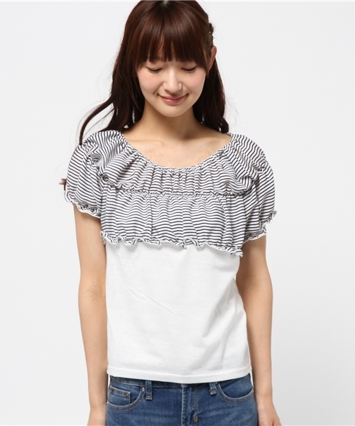 one after another NICE CLAUP（ワンアフターアナザーナイスクラップ）の「【ナイスクラップ】シャーリング切替Tシャツ（Tシャツ/カットソー・レディース・その他12/ネイビー/ホワイト・FREE）」の10枚目の写真