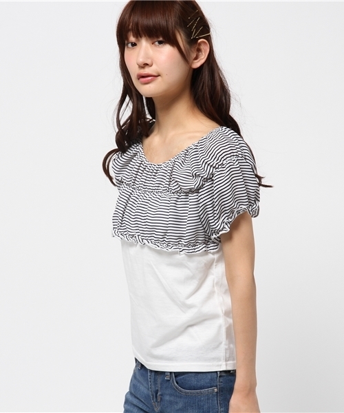 one after another NICE CLAUP（ワンアフターアナザーナイスクラップ）の「【ナイスクラップ】シャーリング切替Tシャツ（Tシャツ/カットソー・レディース・その他12/ネイビー/ホワイト・FREE）」の11枚目の写真