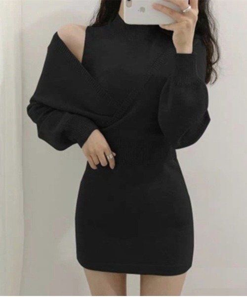 LADY LIKE（レディライク）の「カシュクールニット付きミニワンピース（ワンピース・レディース・ブラック/グレー・M）」の2枚目の写真