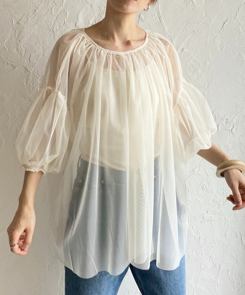 She's Closet(シーズクローゼット)の「ボリュームスリーブリボン半袖チュールシアーレイヤードギャザーブラウス(シャツ/ブラウス・レディース・ブラック/アイボリー/クリーム/グレー系その他/ブラック系その他/ホワイト系その他/ライトグレー/チャコールグレー・FREE)」の2枚目の写真
