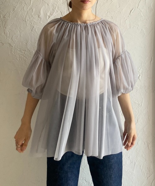 She's Closet(シーズクローゼット)の「ボリュームスリーブリボン半袖チュールシアーレイヤードギャザーブラウス(シャツ/ブラウス・レディース・ブラック/アイボリー/クリーム/グレー系その他/ブラック系その他/ホワイト系その他/ライトグレー/チャコールグレー・FREE)」の6枚目の写真