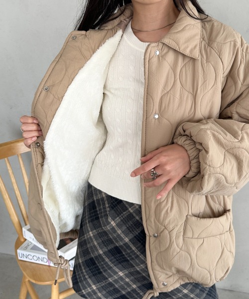 セール】裏ボアオーバーサイズキルティングジャケット/中綿コート