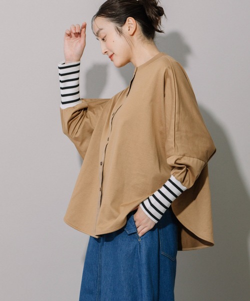 Munich（ミューニック）の「コットンジャージ×ボーダーリブラウンドヘムシャツ（Tシャツ/カットソー・レディース・キャメル/ホワイト/ブラック・FREE）」の3枚目の写真