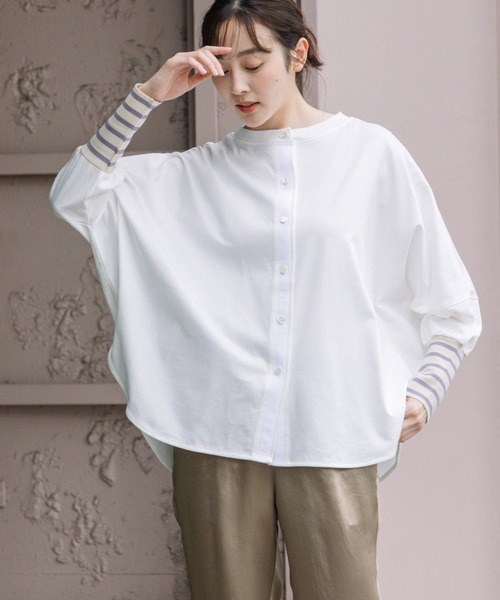 Munich（ミューニック）の「コットンジャージ×ボーダーリブラウンドヘムシャツ（Tシャツ/カットソー・レディース・キャメル/ホワイト/ブラック・FREE）」の2枚目の写真