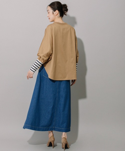 Munich（ミューニック）の「コットンジャージ×ボーダーリブラウンドヘムシャツ（Tシャツ/カットソー・レディース・キャメル/ホワイト/ブラック・FREE）」の6枚目の写真