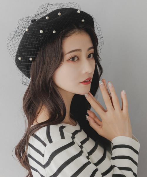 Julia Boutique(ジュリアブティック)の「チュール付きパールベレー帽/23619(ハンチング/ベレー帽・レディース・ブラック/グレー・ONE)」の5枚目の写真