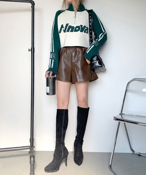 non-hedge（ノンヘッジ）の「ハーフジップラグランショート丈ニットトップス（ニット/セーター・レディース・ブラック/レッド/グリーン・FREE）」の4枚目の写真