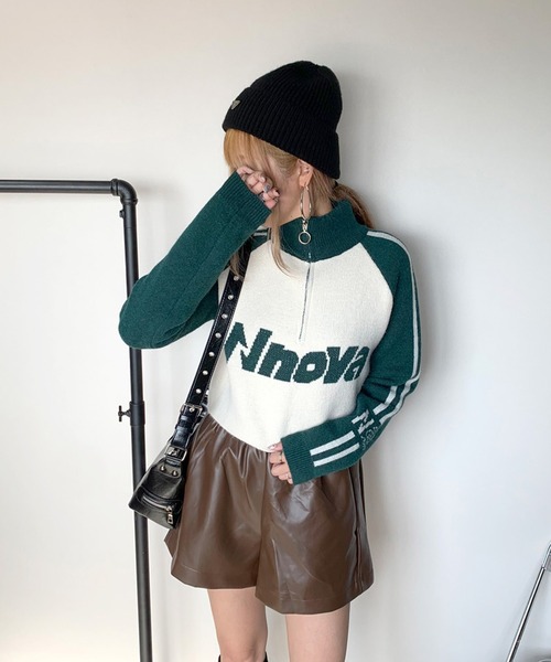 non-hedge（ノンヘッジ）の「ハーフジップラグランショート丈ニットトップス（ニット/セーター・レディース・ブラック/レッド/グリーン・FREE）」の6枚目の写真