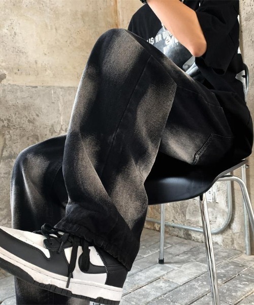 メンズ デニムパンツ 色落ち加工 ブラックデニム ゆったり a1002 セール】ランダム色落ち加工デニム（デニムパンツ）｜B.R.U