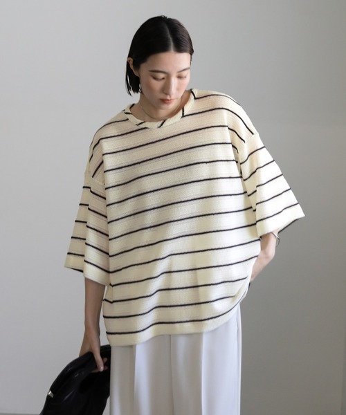 セール】メッシュボーダートップス（Tシャツ/カットソー