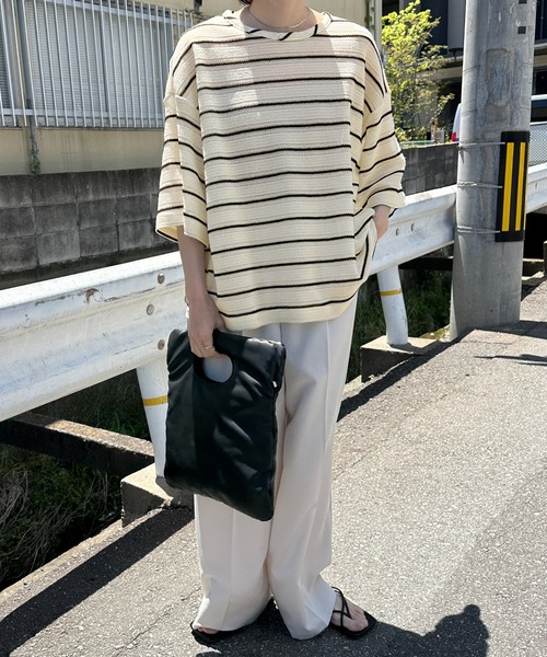 セール】メッシュボーダートップス（Tシャツ/カットソー