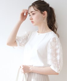 couture brooch | 【接触冷感/UVケア/マシンウォッシャブル】袖レースデザイントップス(Tシャツ/カットソー)