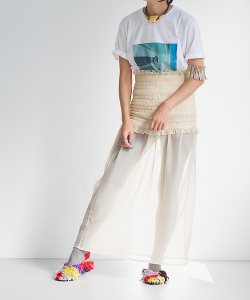 oll(オール)の「Shirring bare skirt(スカート・レディース・ベージュ/ブラック・FREE)」の4枚目の写真