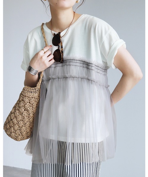 reca（レカ）の「チュールドッキングTシャツ（Tシャツ/カットソー・レディース・ブラック/オフホワイト/チャコール・FREE）」の3枚目の写真