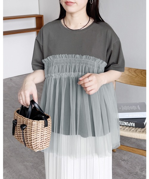 reca（レカ）の「チュールドッキングTシャツ（Tシャツ/カットソー・レディース・ブラック/オフホワイト/チャコール・FREE）」の2枚目の写真