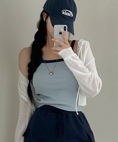 BEIDELLI（ベイデリー）の「[BELLIDE MADE] ミックス配色クロップキャミソール（キャミソール・レディース・ネイビー/ライム/ピンク/ホワイト/ライトブルー・FREE）」の4枚目の写真