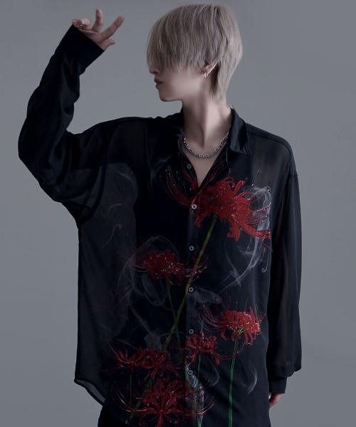 希少　サンローラン デイジー 長袖 シャツ シースルー 花柄 G-Dragon風 NOVESSEL/ノベセル』シフォン花柄シースルー長袖シャツ（シャツ