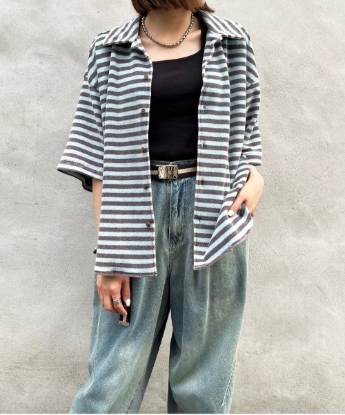 【m:rex】パイルボーダーUSED加工シャツ/ユニセックス(シャツ/ブラウス)|DOUBLE NAME(ダブルネーム) 【m:rex】パイルボーダーUSED加工シャツ/ユニセックス(シャツ/ブラウス)|DOUBLE NAME(ダブルネーム)