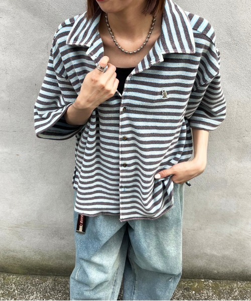 【m:rex】パイルボーダーUSED加工シャツ/ユニセックス(シャツ/ブラウス)|DOUBLE NAME(ダブルネーム) 【m:rex】パイルボーダーUSED加工シャツ/ユニセックス(シャツ/ブラウス)|DOUBLE NAME(ダブルネーム)