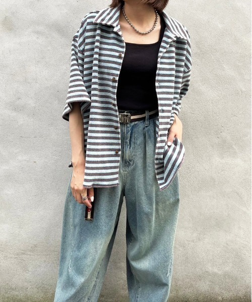 【m:rex】パイルボーダーUSED加工シャツ/ユニセックス(シャツ/ブラウス)|DOUBLE NAME(ダブルネーム) 【m:rex】パイルボーダーUSED加工シャツ/ユニセックス(シャツ/ブラウス)|DOUBLE NAME(ダブルネーム)