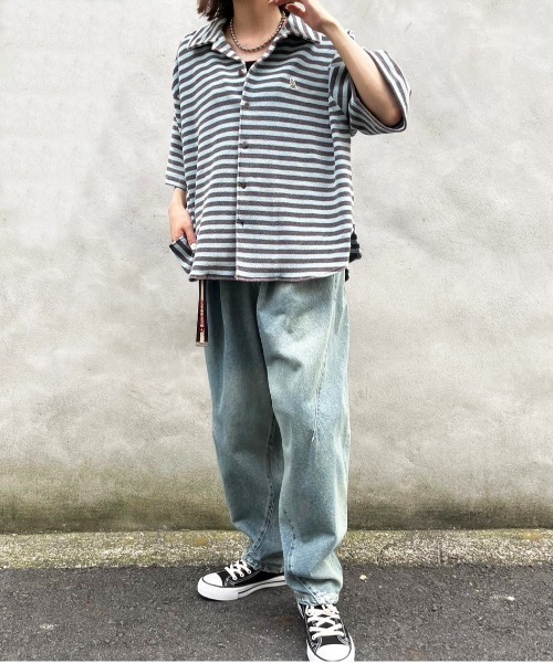 DOUBLE NAME(ダブルネーム)の「【m:rex】パイルボーダーUSED加工シャツ/ユニセックス(シャツ/ブラウス・メンズ・オレンジ/パープル/ブラック・FREE)」の15枚目の写真