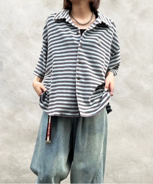 【m:rex】パイルボーダーUSED加工シャツ/ユニセックス(シャツ/ブラウス)|DOUBLE NAME(ダブルネーム) 【m:rex】パイルボーダーUSED加工シャツ/ユニセックス(シャツ/ブラウス)|DOUBLE NAME(ダブルネーム)