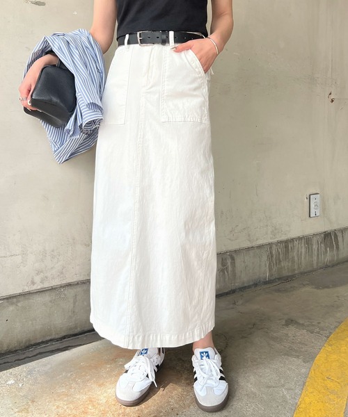 Futier land（フューティアランド）の「【新色追加】ベイカーロングスカート（スカート・レディース・ブラック/カーキ/オフホワイト・MEDIUM/LARGE）」の2枚目の写真