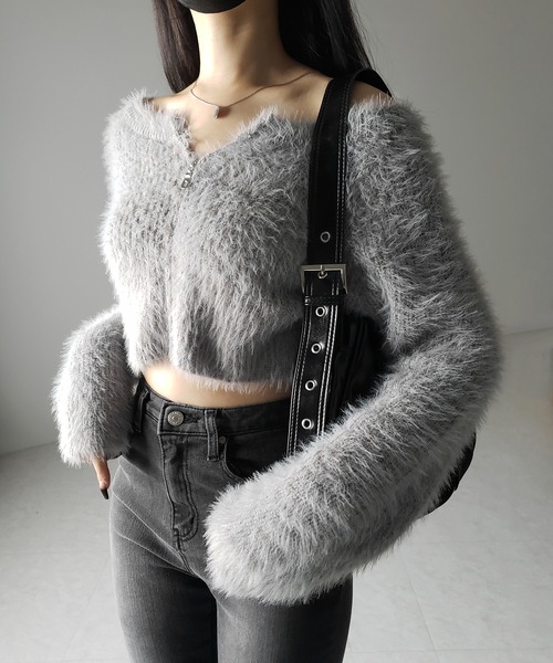 me+em select(ミームセレクト)の「【 3color 】フロントジップショートシャギーニットカーディガン / front zip short shaggy knit cardigan(カーディガン/ボレロ・レディース・ホワイト/ブラック/グレー・FREE)」の3枚目の写真