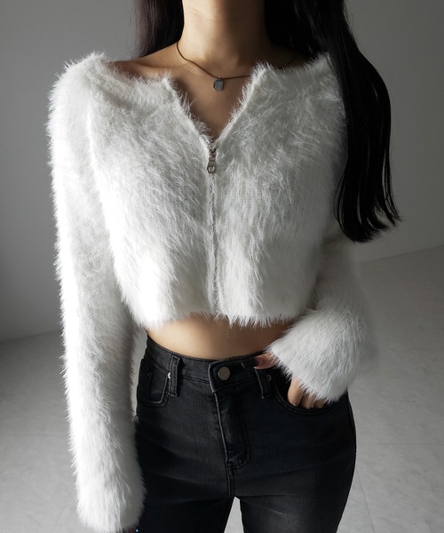 me+em select(ミームセレクト)の「【 3color 】フロントジップショートシャギーニットカーディガン / front zip short shaggy knit cardigan(カーディガン/ボレロ・レディース・ホワイト/ブラック/グレー・FREE)」の1枚目の写真