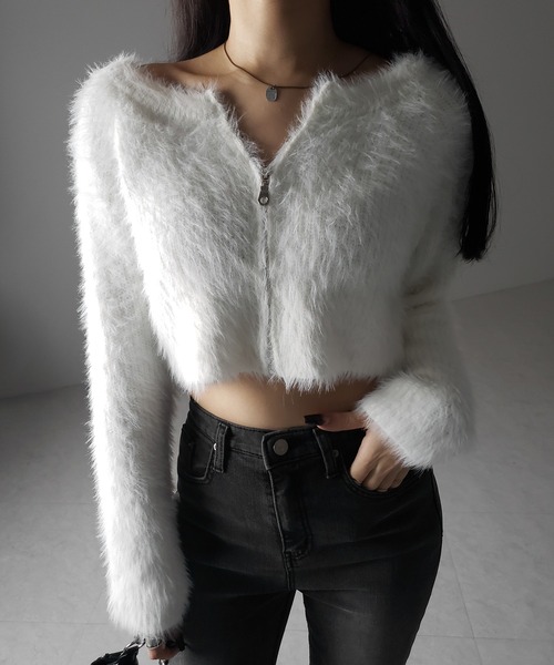 3color 】フロントジップショートシャギーニットカーディガン