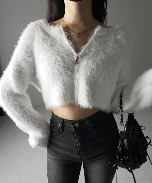 me+em select(ミームセレクト)の「【 3color 】フロントジップショートシャギーニットカーディガン / front zip short shaggy knit cardigan(カーディガン/ボレロ・レディース・ホワイト/ブラック/グレー・FREE)」の18枚目の写真