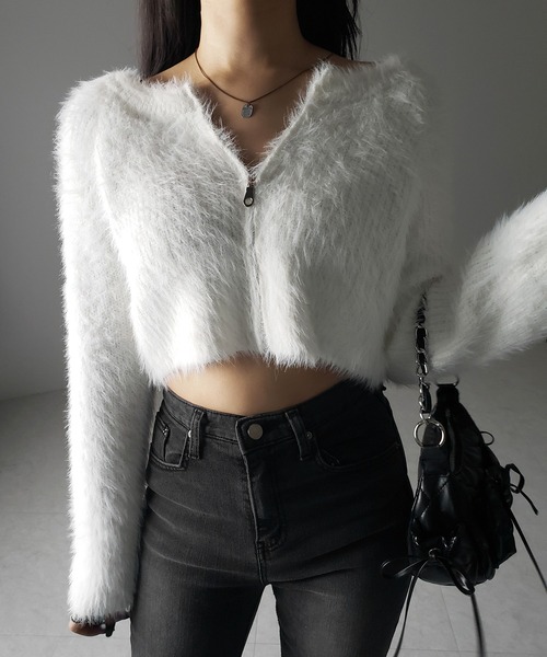 me+em select(ミームセレクト)の「【 3color 】フロントジップショートシャギーニットカーディガン / front zip short shaggy knit cardigan(カーディガン/ボレロ・レディース・ホワイト/ブラック/グレー・FREE)」の15枚目の写真
