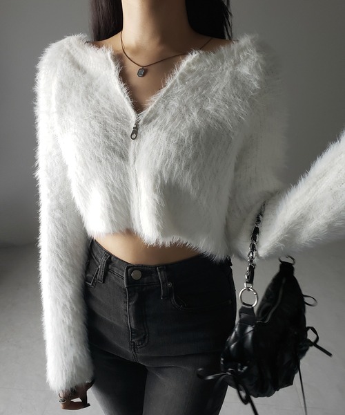 me+em select(ミームセレクト)の「【 3color 】フロントジップショートシャギーニットカーディガン / front zip short shaggy knit cardigan(カーディガン/ボレロ・レディース・ホワイト/ブラック/グレー・FREE)」の20枚目の写真