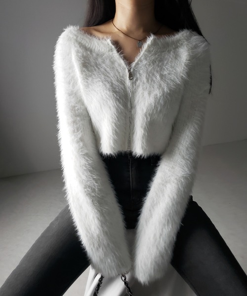 me+em select(ミームセレクト)の「【 3color 】フロントジップショートシャギーニットカーディガン / front zip short shaggy knit cardigan(カーディガン/ボレロ・レディース・ホワイト/ブラック/グレー・FREE)」の21枚目の写真