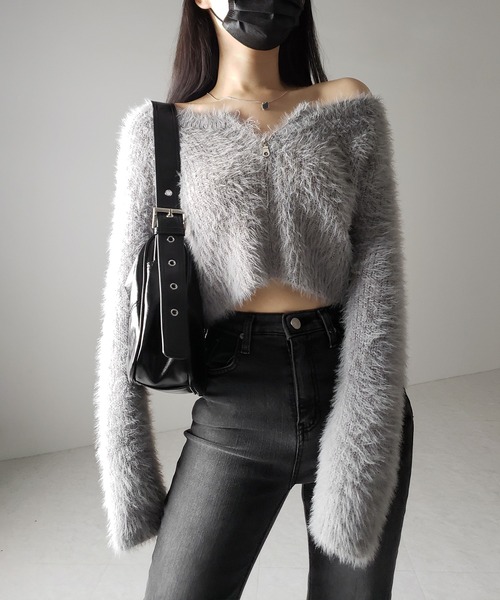 me+em select(ミームセレクト)の「【 3color 】フロントジップショートシャギーニットカーディガン / front zip short shaggy knit cardigan(カーディガン/ボレロ・レディース・ホワイト/ブラック/グレー・FREE)」の12枚目の写真