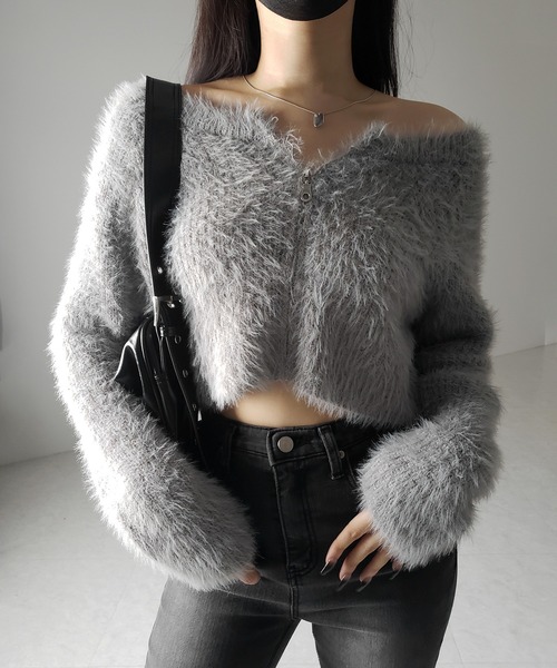 me+em select(ミームセレクト)の「【 3color 】フロントジップショートシャギーニットカーディガン / front zip short shaggy knit cardigan(カーディガン/ボレロ・レディース・ホワイト/ブラック/グレー・FREE)」の6枚目の写真