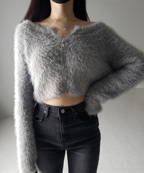 me+em select(ミームセレクト)の「【 3color 】フロントジップショートシャギーニットカーディガン / front zip short shaggy knit cardigan(カーディガン/ボレロ・レディース・ホワイト/ブラック/グレー・FREE)」の7枚目の写真